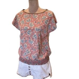LRL Ralph‎ Lauren Blue Rose Paisley Print Smocked Waist 100% Cotton Top Sz M